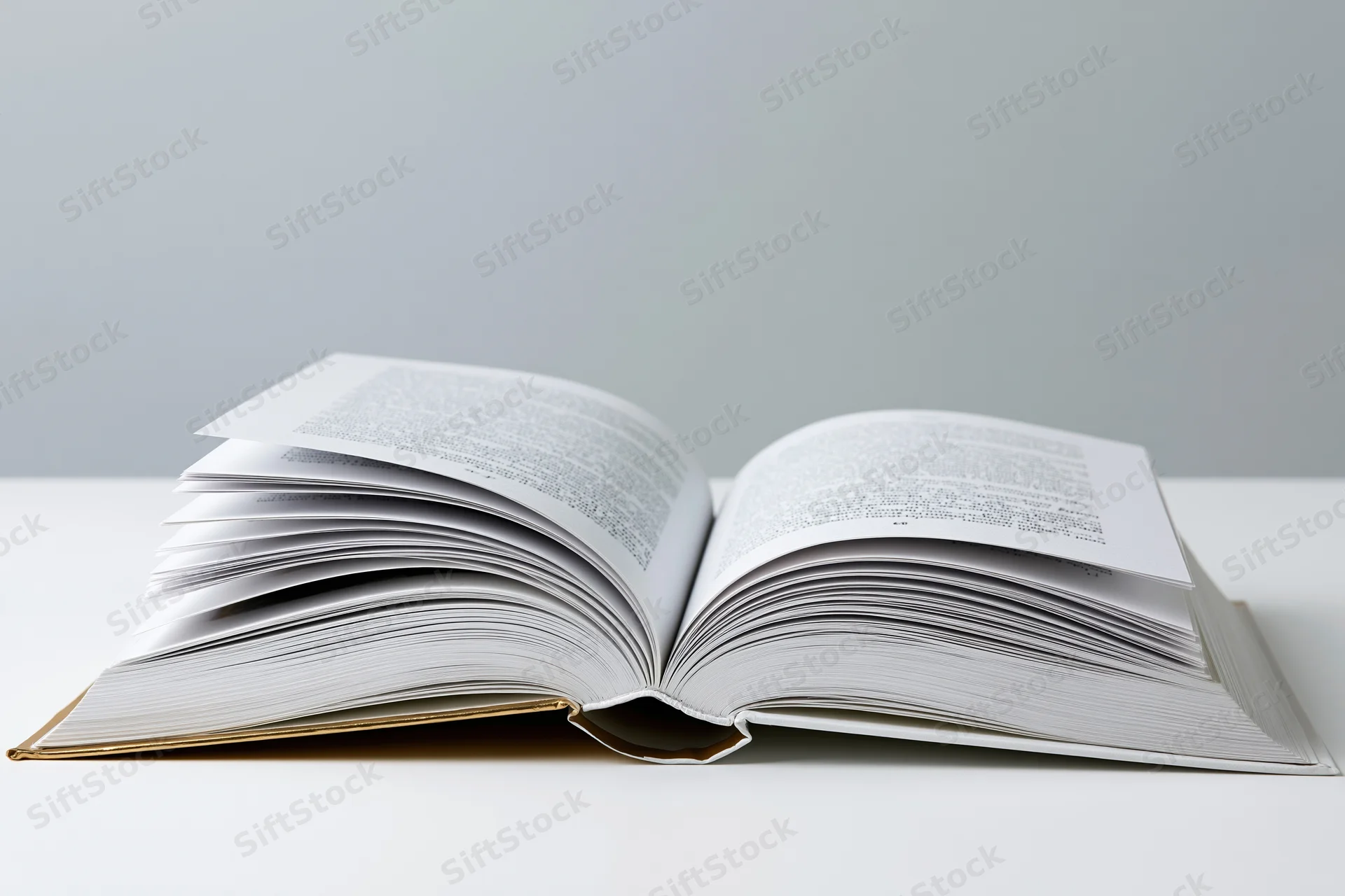 Open hardcover book with gold spine lying flat on white surface pages spread wide