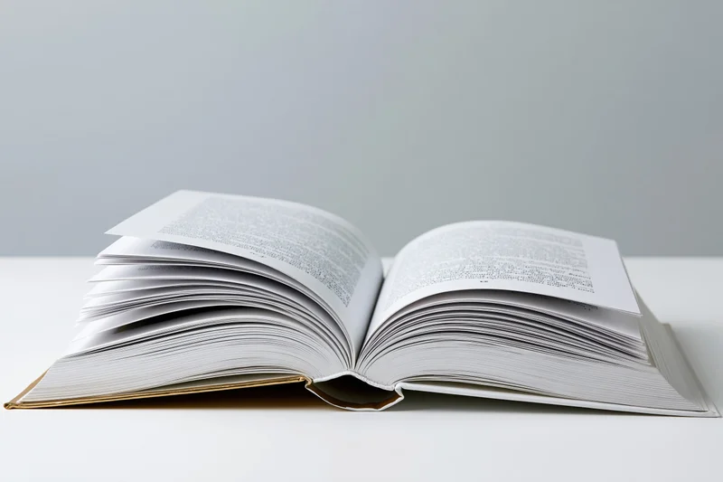 Open hardcover book with gold spine lying flat on white surface pages spread wide