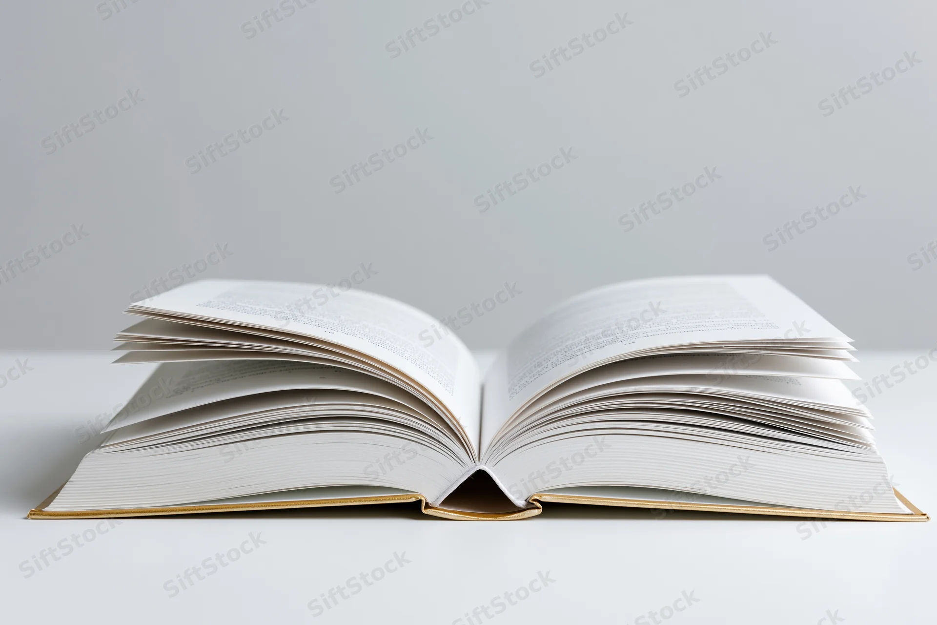 Open hardcover book with gold spine lying flat on white surface pages spread