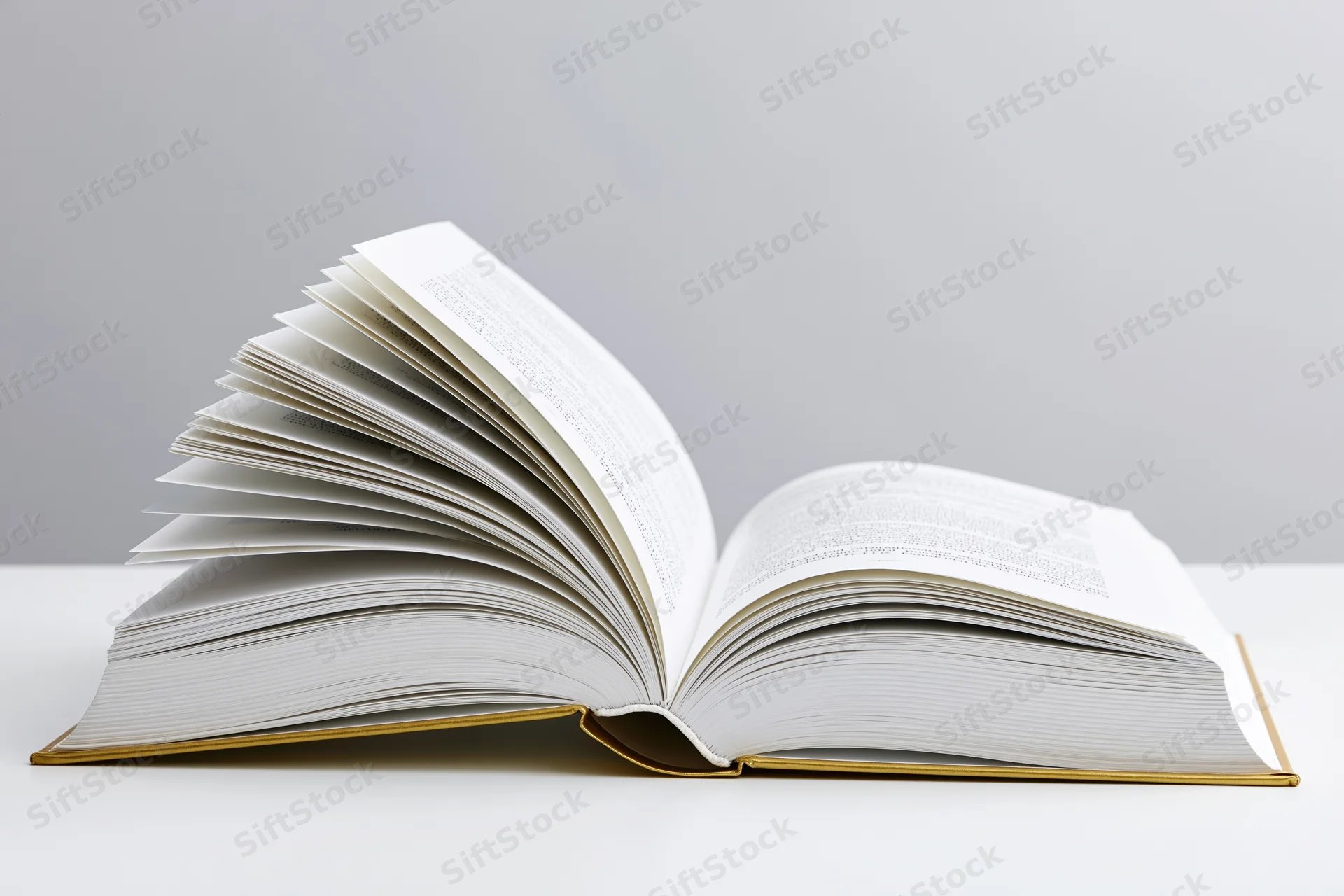 Open hardcover book with gold spine lying flat and pages spread on white surface
