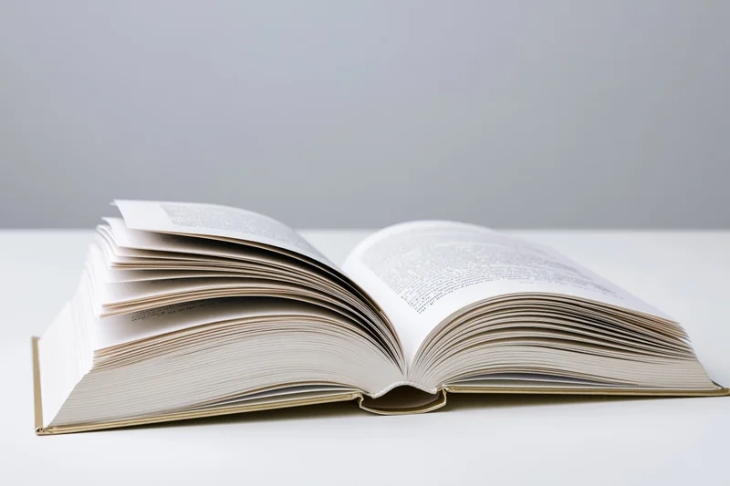 Open hardcover book lying flat with pages spread on white surface