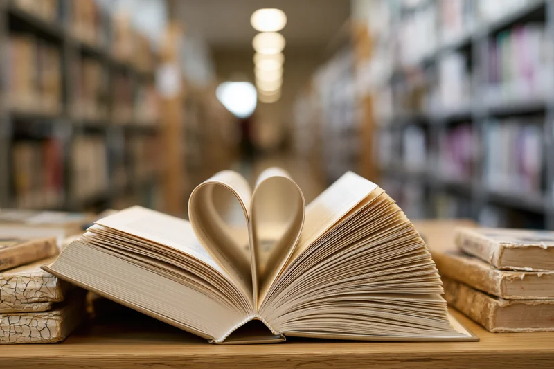 Open hardcover book with pages folded into heart shape on wooden table in library aisle