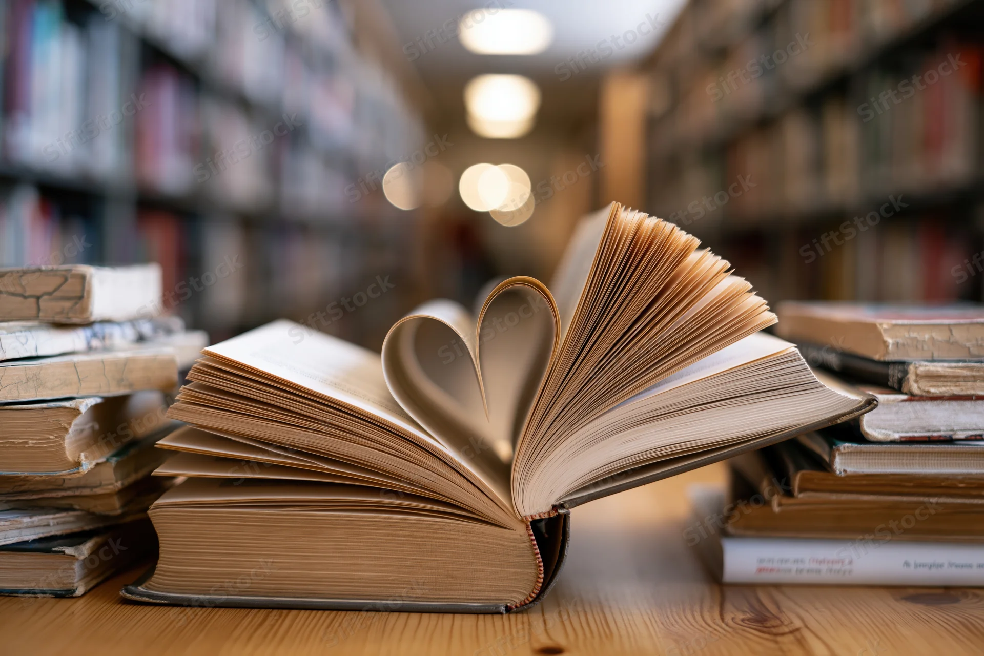 Open hardcover book with pages folded into heart shape on wooden table in library aisle