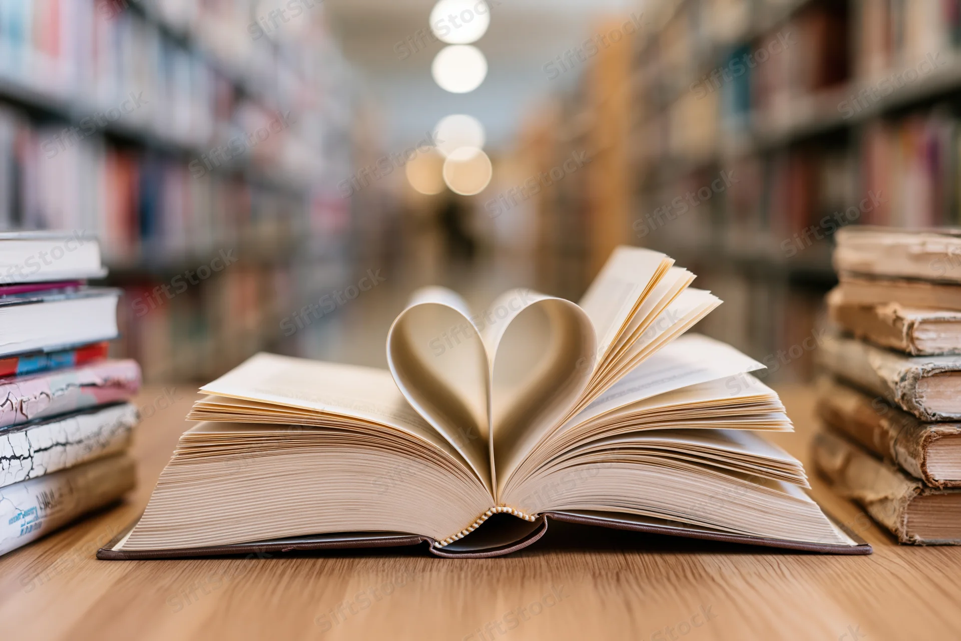 Open hardcover book with pages folded into heart shape on wooden table in library aisle