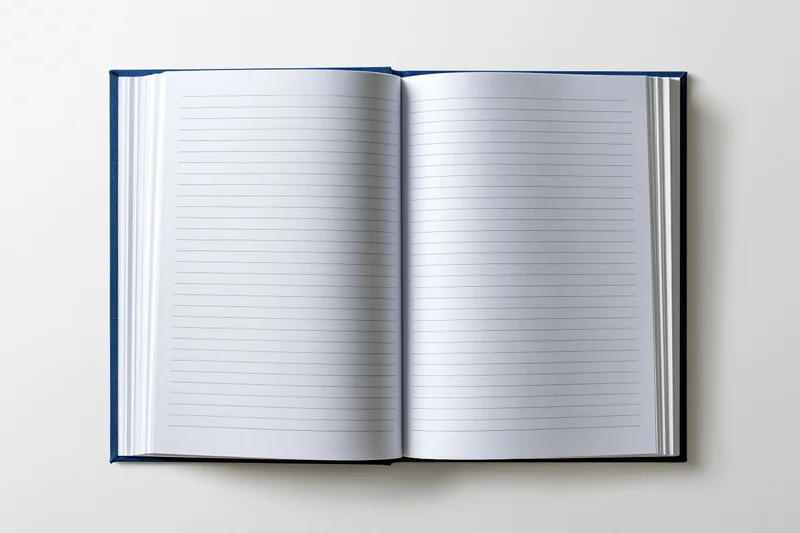 Open hardcover notebook with lined pages lying flat on white surface