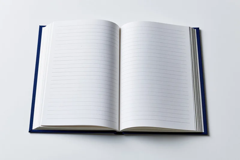 Open hardcover notebook with navy blue cloth binding lying flat on white surface showing blank lined pages
