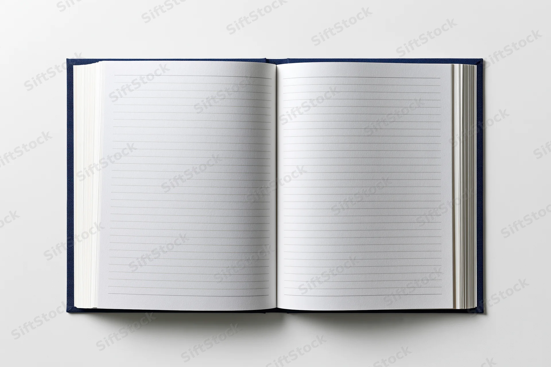 Open hardcover notebook with navy blue cloth binding lying flat on white surface showing blank lined pages
