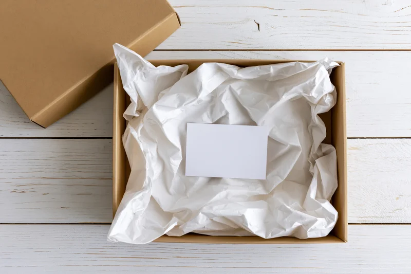 Open kraft cardboard box with crumpled white tissue paper and blank card inside on white wooden surface