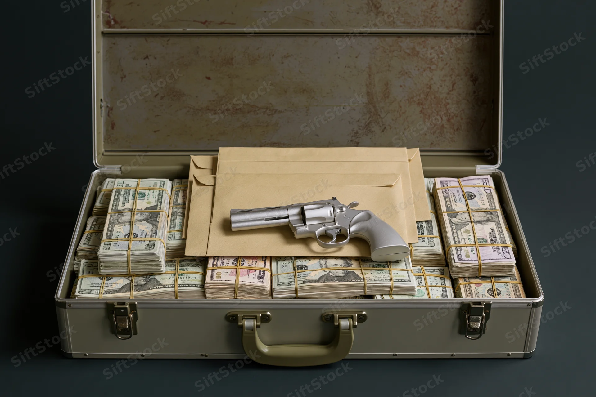 Open metal briefcase filled with stacked bundles of us dollar bills and a revolver inside