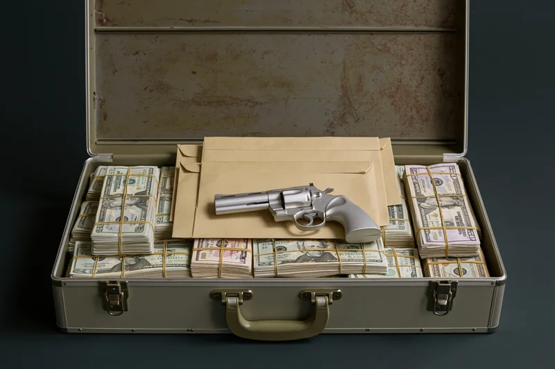 Open metal briefcase filled with stacked bundles of us dollar bills and a revolver inside