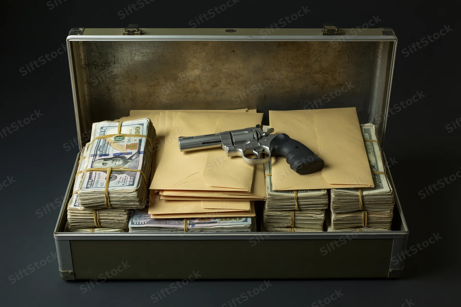 Open metal briefcase filled with stacked bundles of us dollar bills and a revolver on envelopes