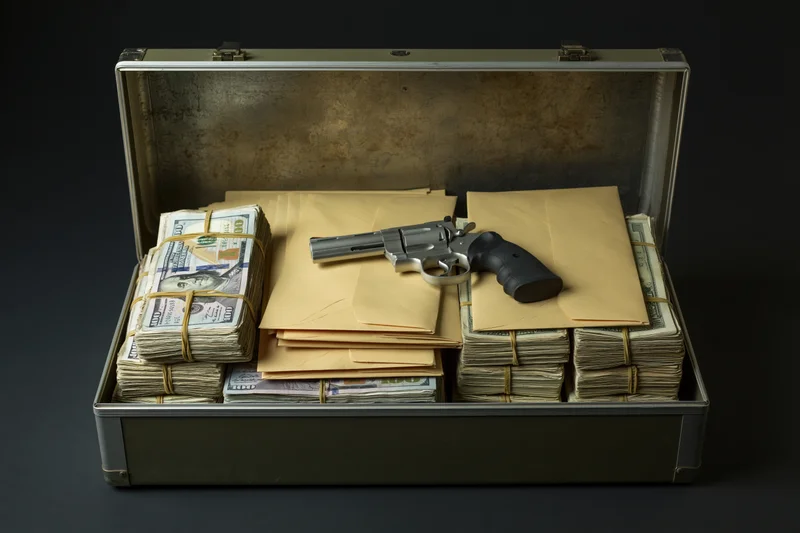 Open metal briefcase filled with stacked bundles of us dollar bills and a revolver on envelopes