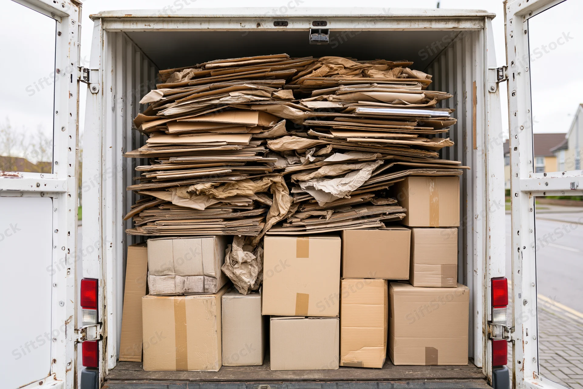Open rear of white van filled with stacked cardboard boxes and flattened paper waste
