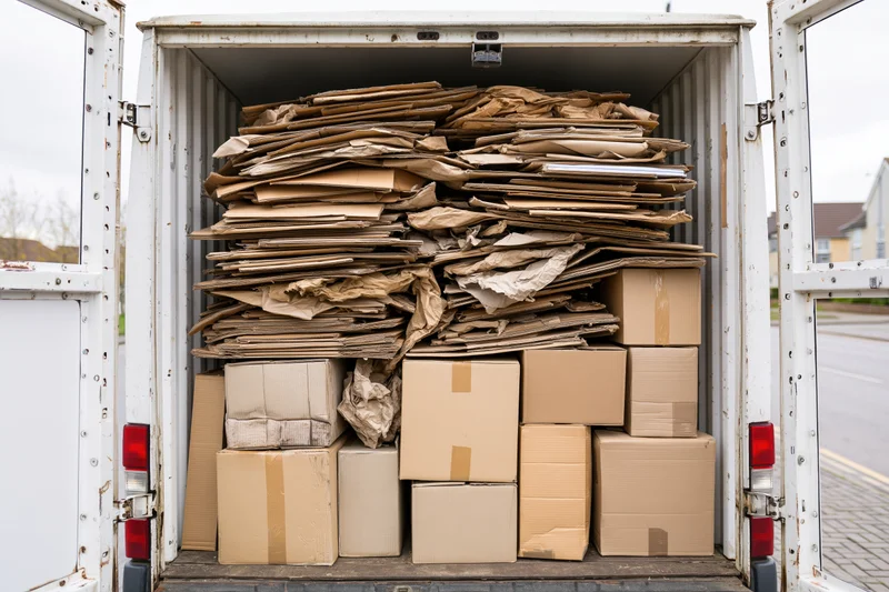 Open rear of white van filled with stacked cardboard boxes and flattened paper waste