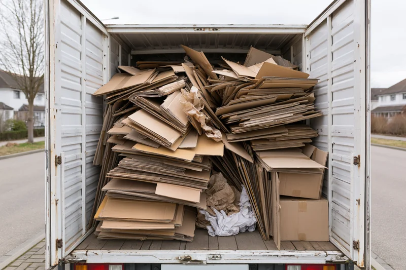 Open rear of a white removal van packed with a chaotic pile of cardboard and paper waste on a residential street