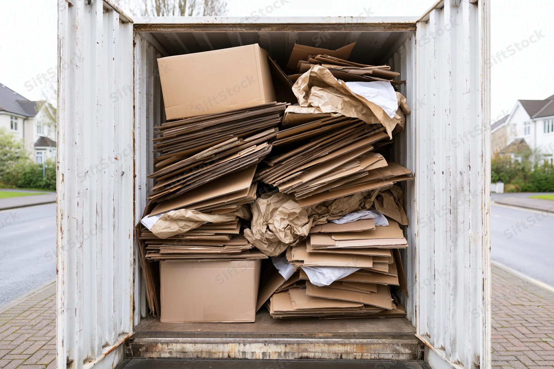 Open rear of a white removal van filled with stacked cardboard boxes and flattened paper waste on a residential street