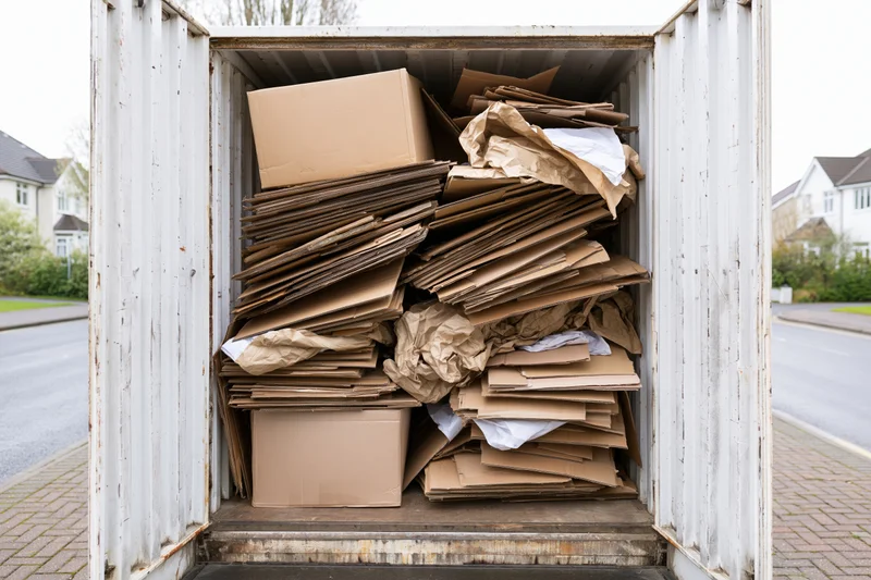 Open rear of a white removal van filled with stacked cardboard boxes and flattened paper waste on a residential street