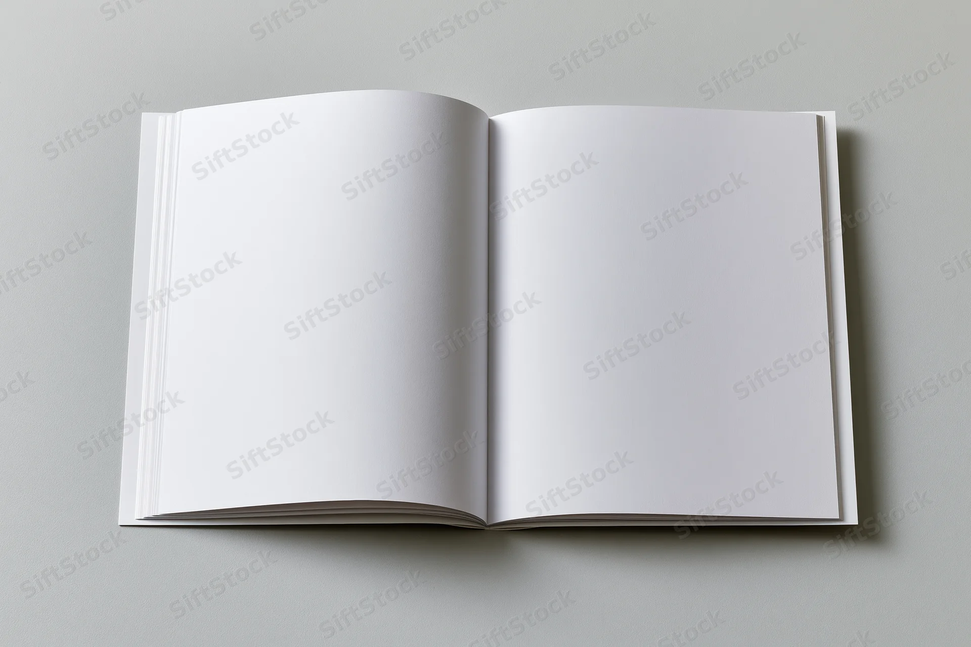 Open square-format booklet lying flat with blank white pages on gray surface