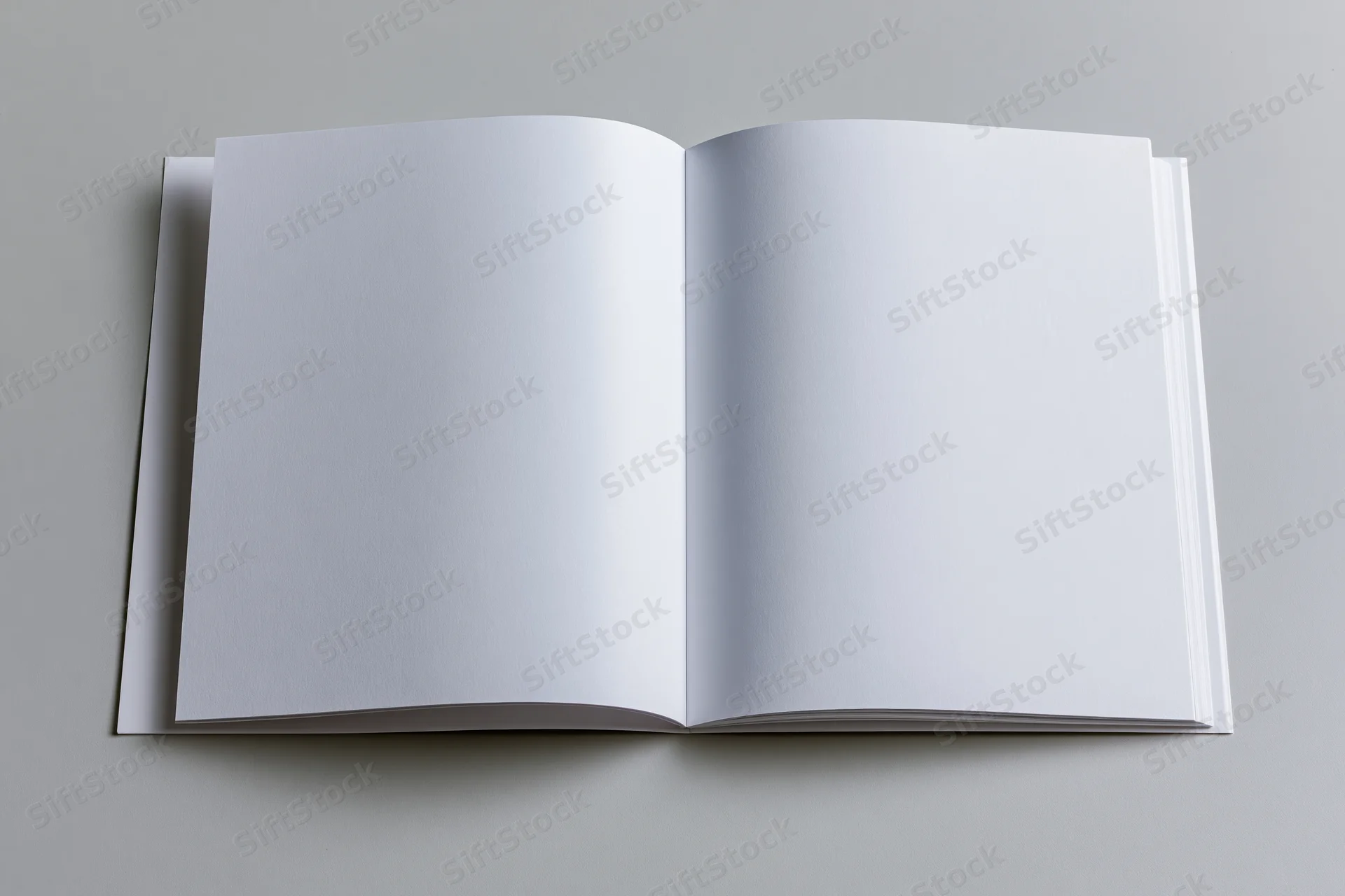 Open square-format booklet lying flat with blank white pages on a gray surface