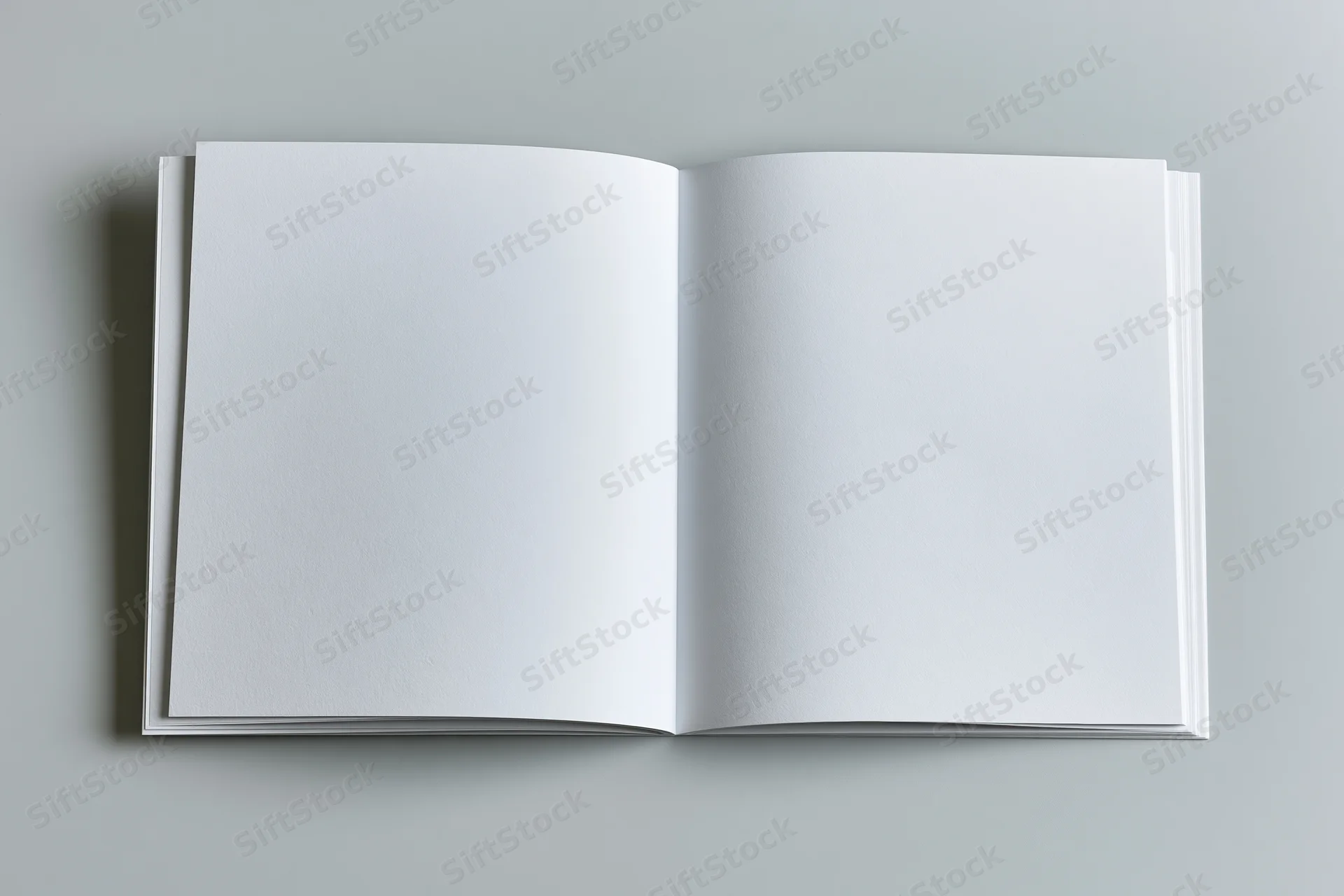 Open square-format booklet lying flat with blank white pages on gray surface