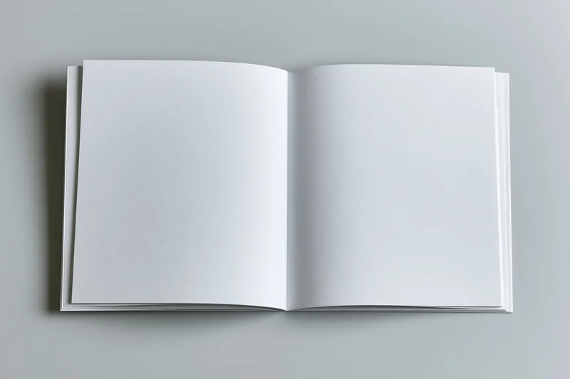 Open booklet lying flat with blank white pages on surface