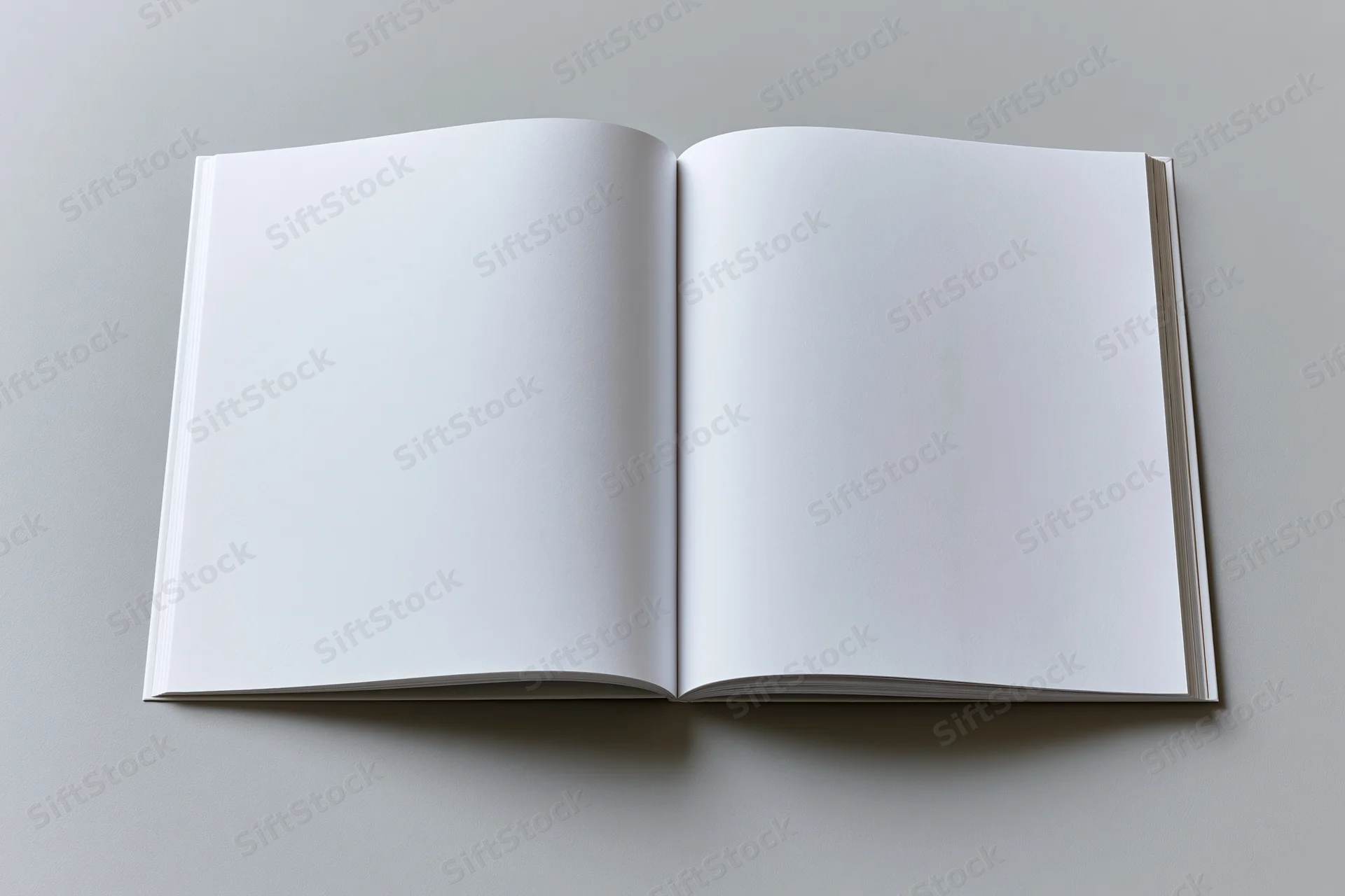 Open square-format booklet lying flat with blank white pages on a gray surface