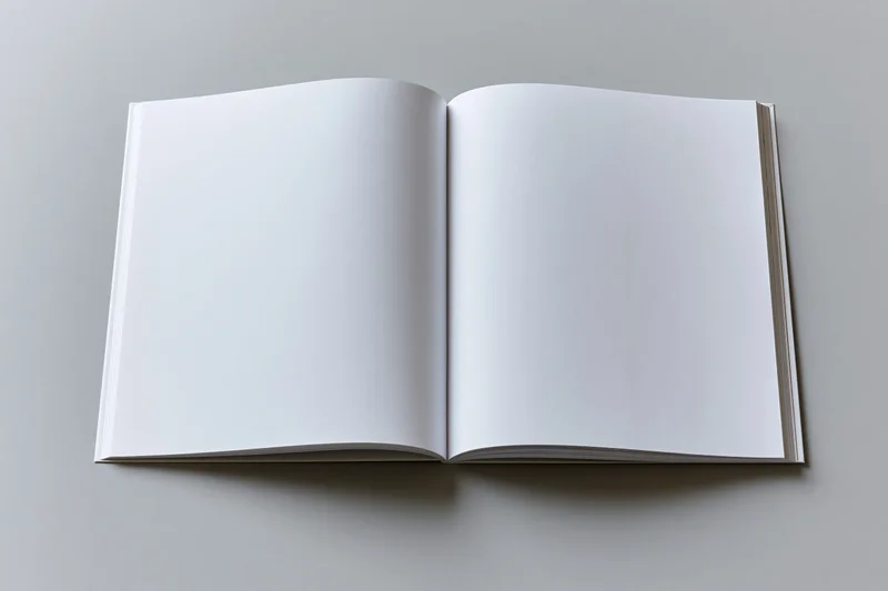 Open square-format booklet lying flat with blank white pages on a gray surface