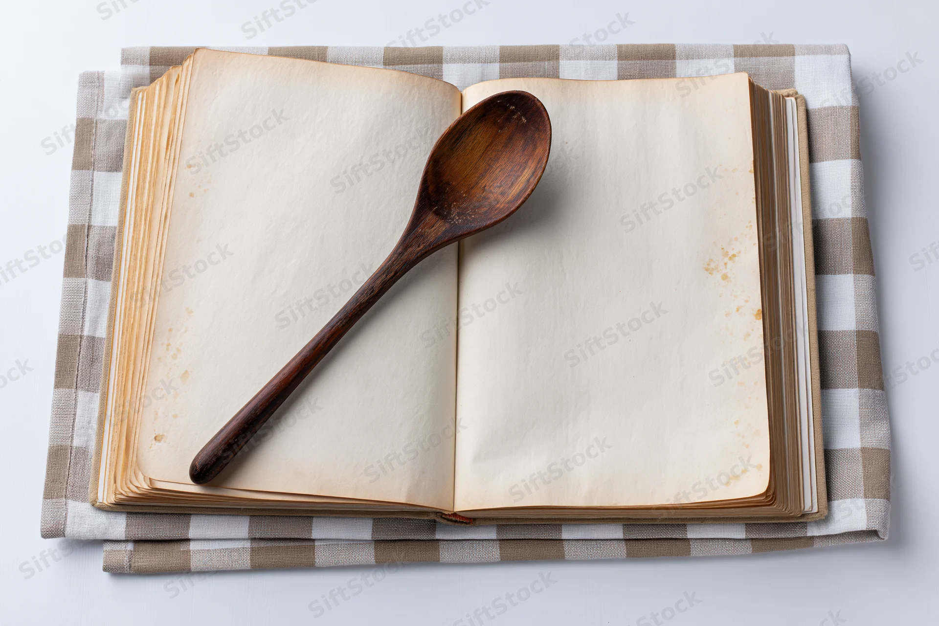 Open vintage cookbook with blank yellowed pages and wooden spoon on checkered cloth