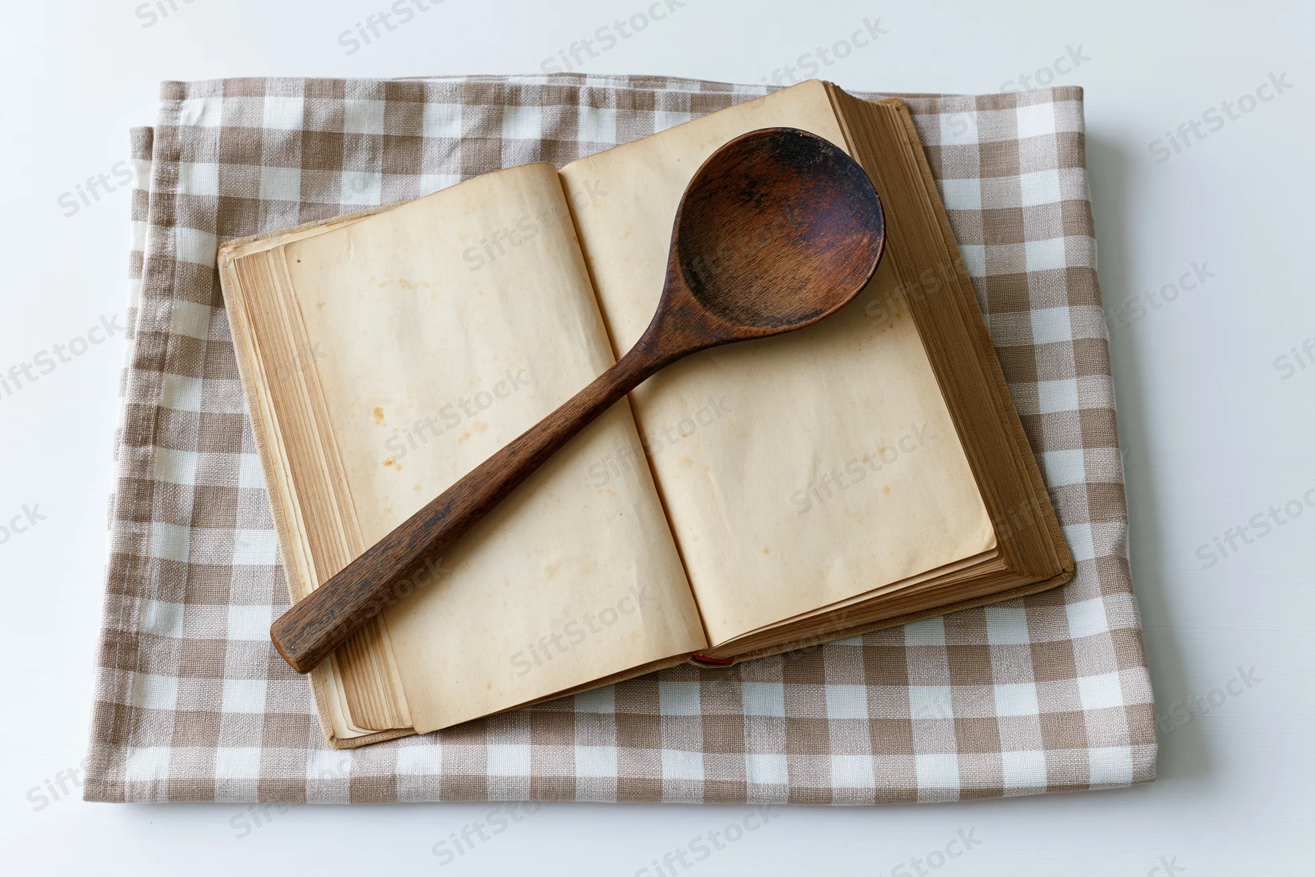 Open vintage cookbook with blank yellowed pages and wooden spoon on checkered cloth