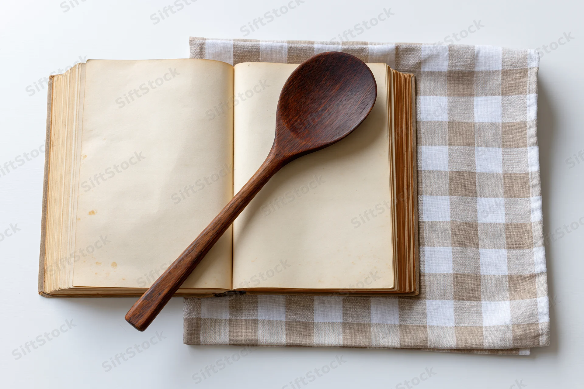 Open vintage cookbook with blank yellowed pages and wooden spoon on checkered cloth