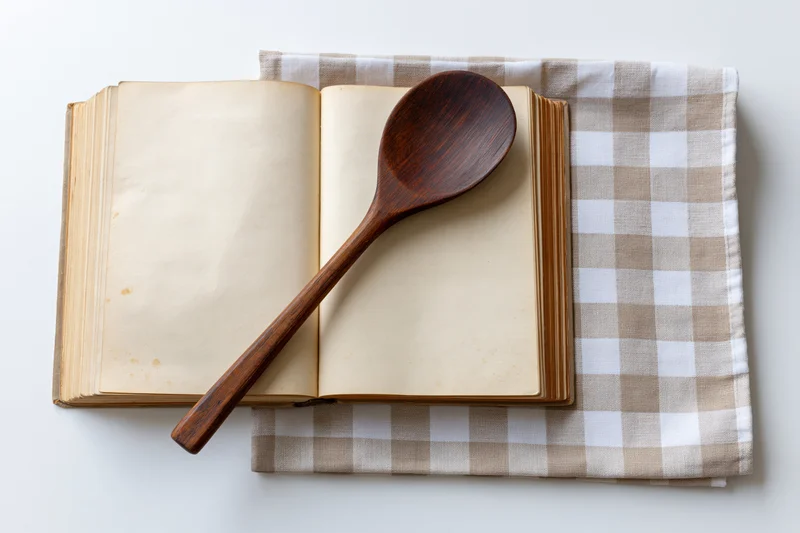 Open vintage cookbook with blank yellowed pages and wooden spoon on checkered cloth
