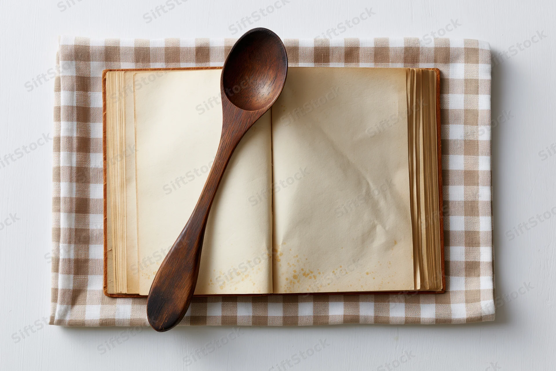 Open vintage cookbook with blank yellowed pages and wooden spoon on checkered cloth
