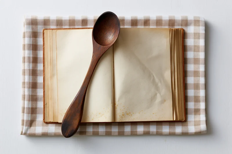 Open vintage cookbook with blank yellowed pages and wooden spoon on checkered cloth