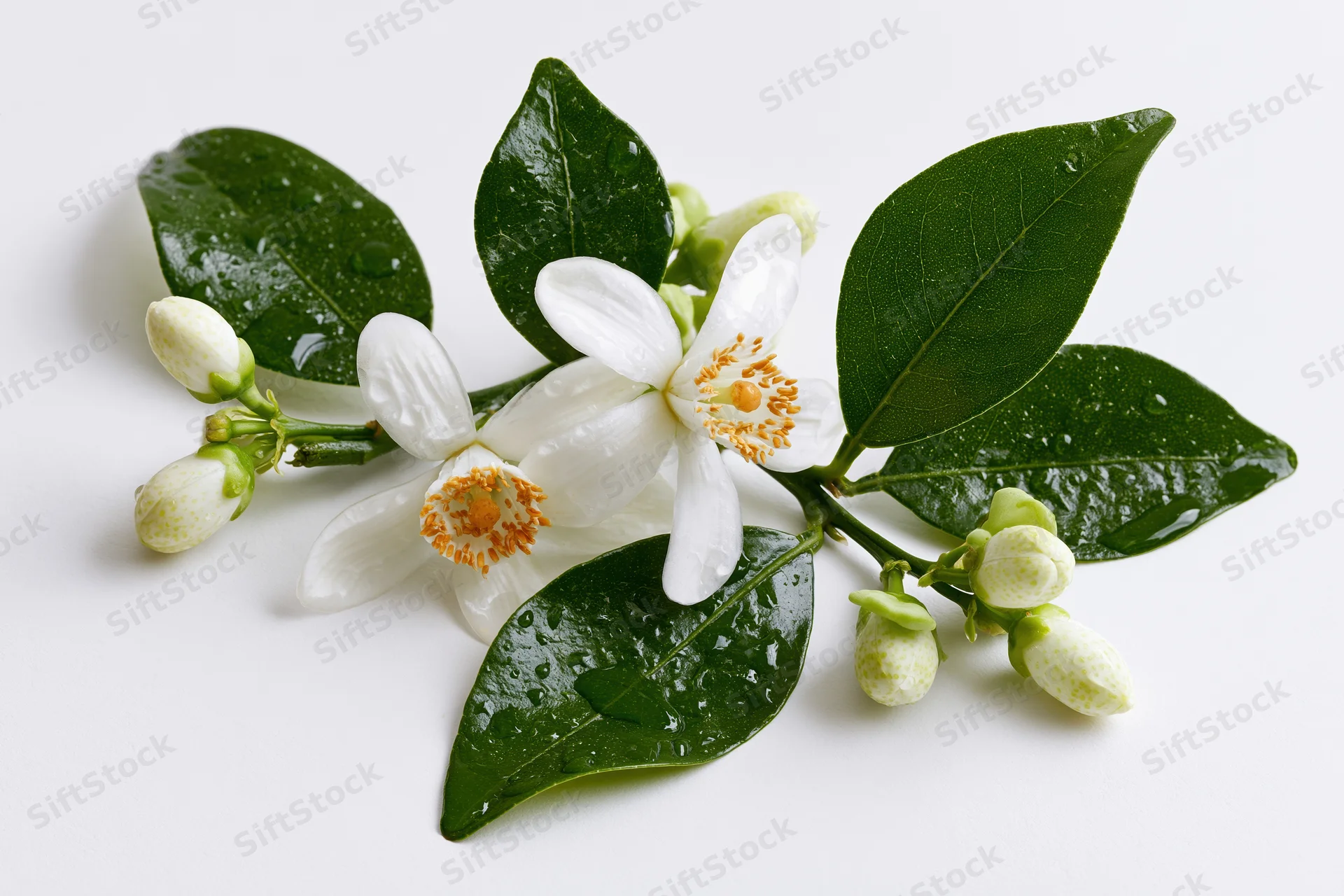 Orange blossom sprig with open white flowers and closed buds on a white background