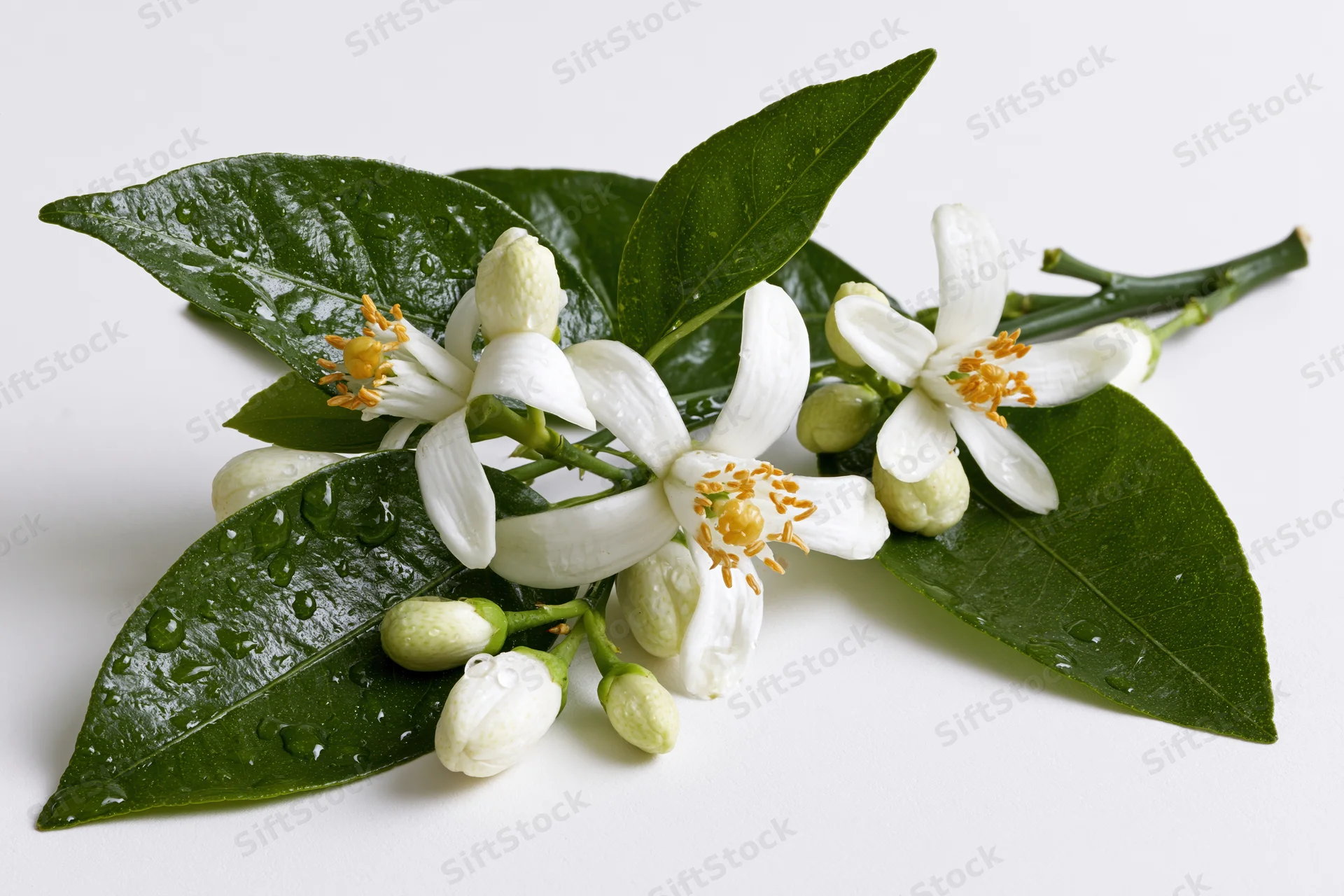Orange blossom sprig with open white flowers and closed buds on green leaves against white background