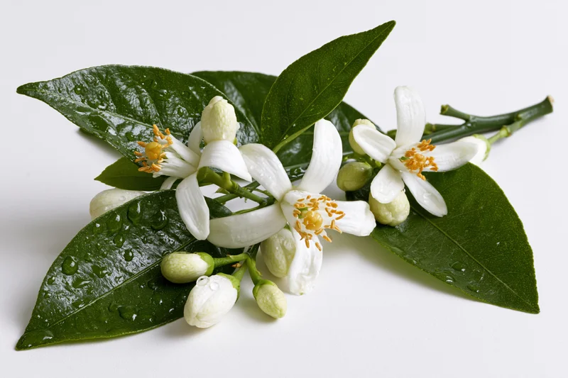 Orange blossom sprig with open white flowers and closed buds on green leaves against white background