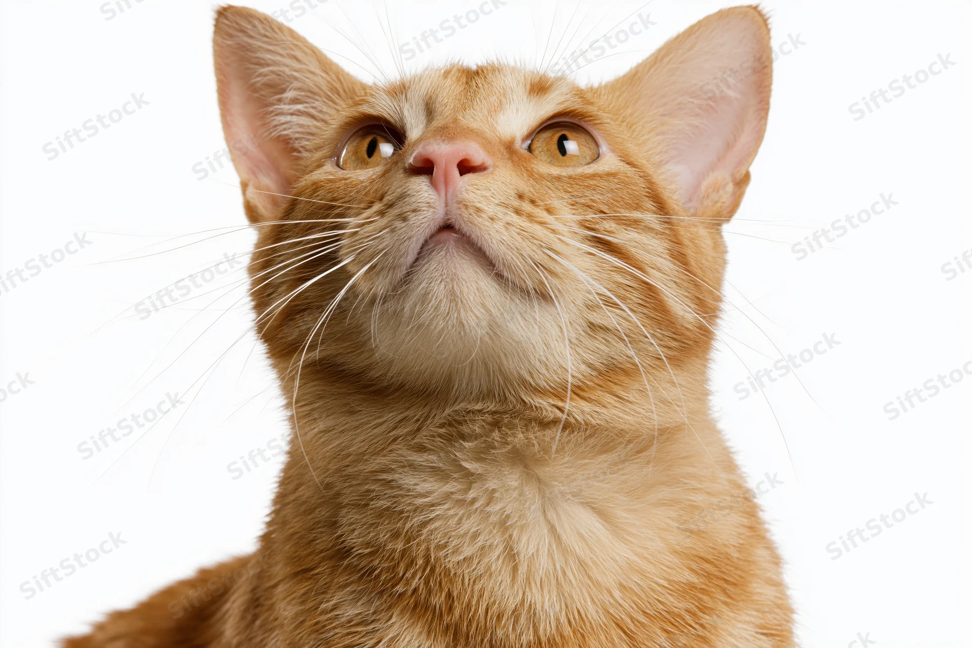 Closeup of orange tabby cat looking upward with alert amber eyes against white background