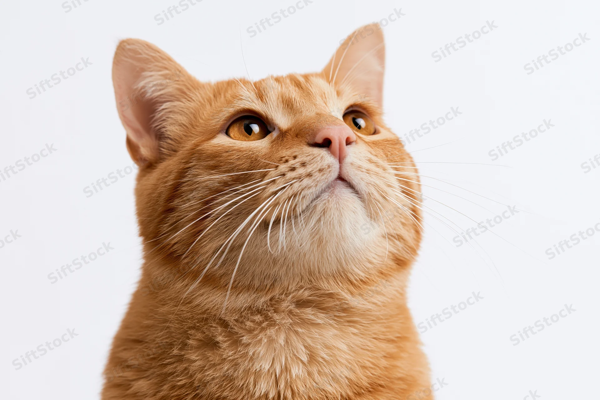 Closeup of orange tabby cat looking upward with alert amber eyes against white background