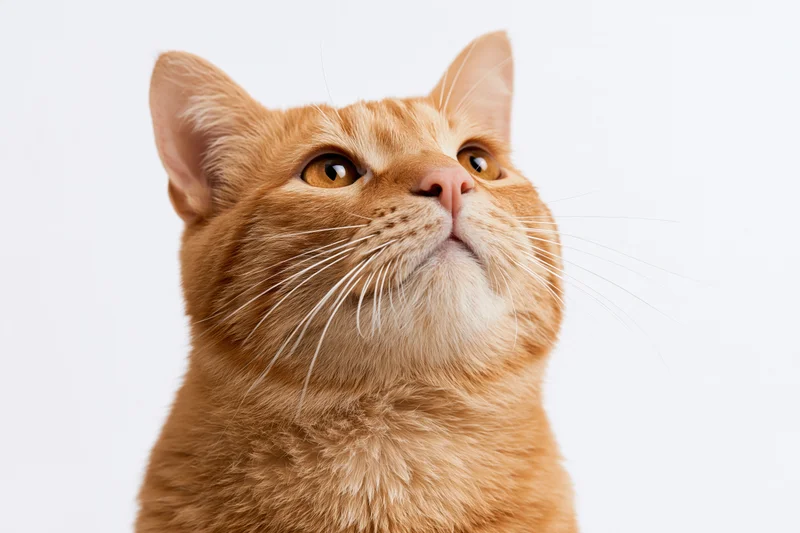 Closeup of orange tabby cat looking upward with alert amber eyes against white background