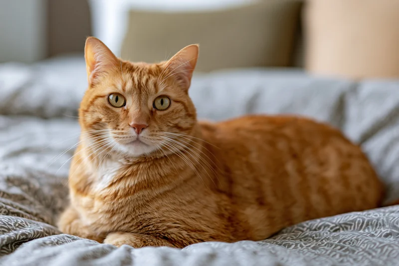 Orange tabby cat lying on a bed looking directly at camera