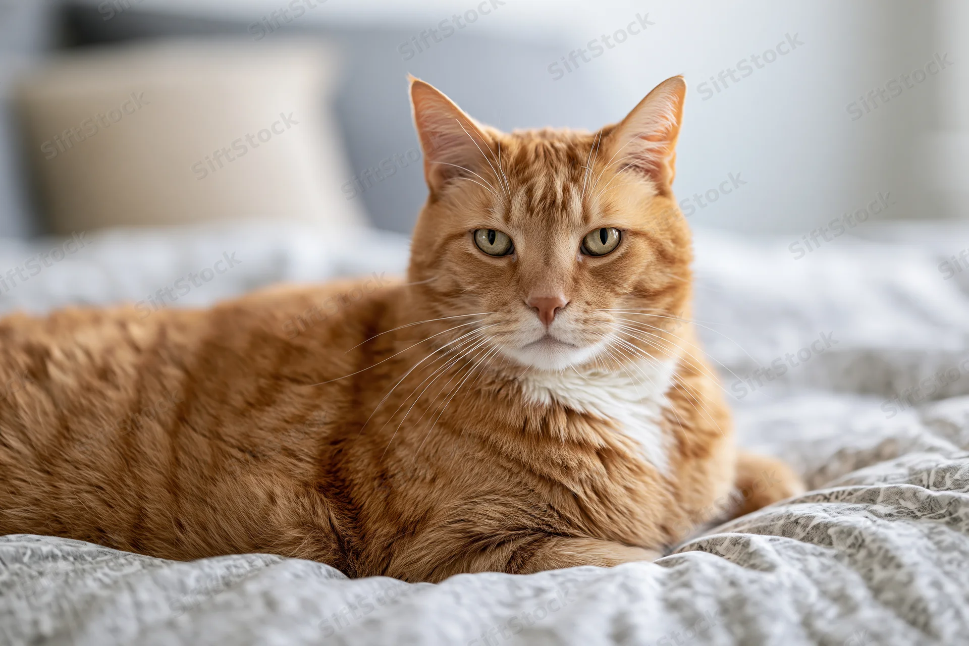Orange tabby cat lying on a bed looking directly at camera with green eyes