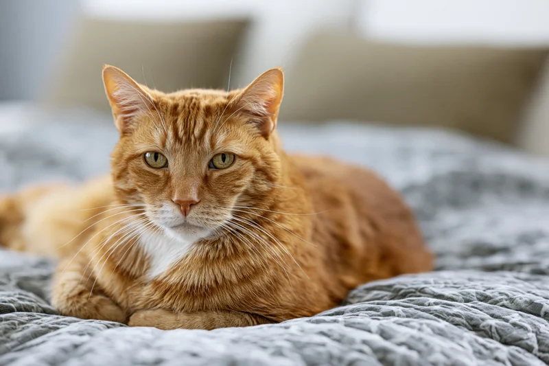 Orange tabby cat lying on gray blanket in bedroom