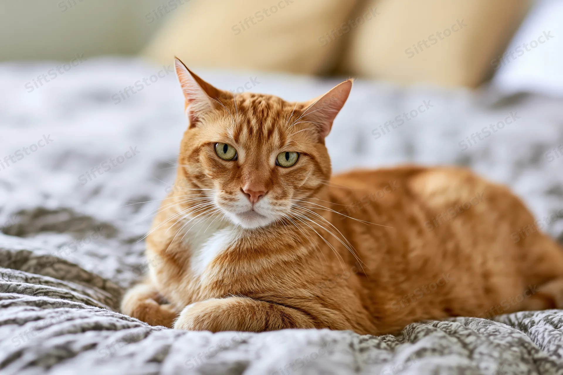 Orange tabby cat lying on a knitted blanket in a bedroom, looking directly at camera