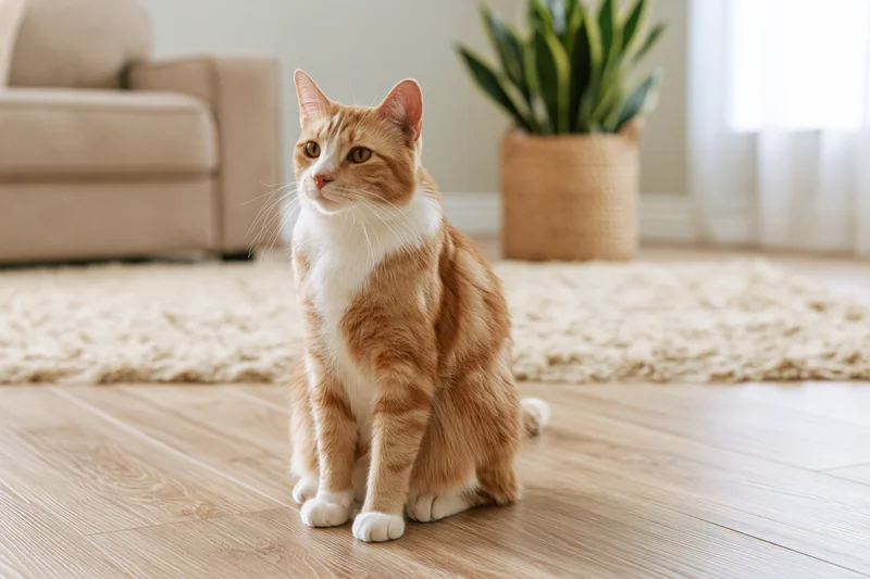 Orange tabby cat sitting upright on light wood floor in living room