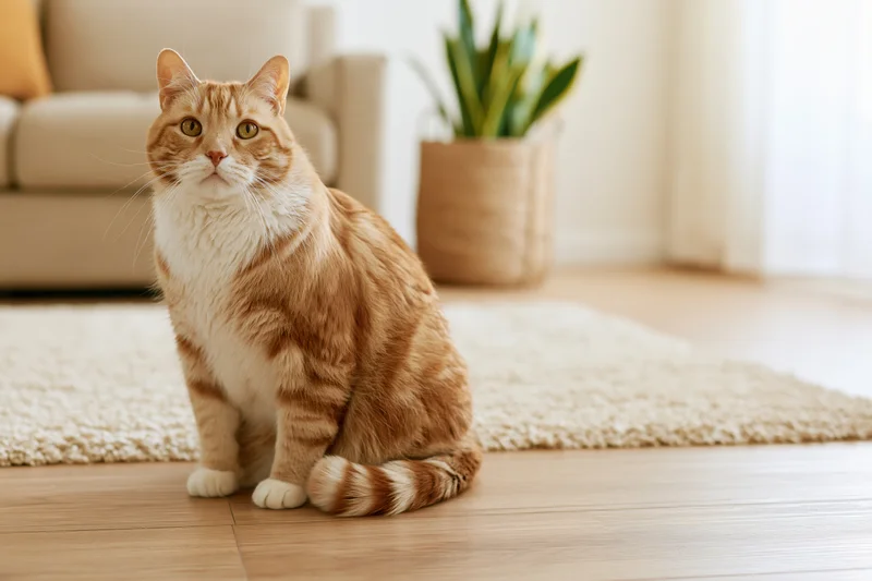 Orange tabby cat sitting upright on light wood floor in living room