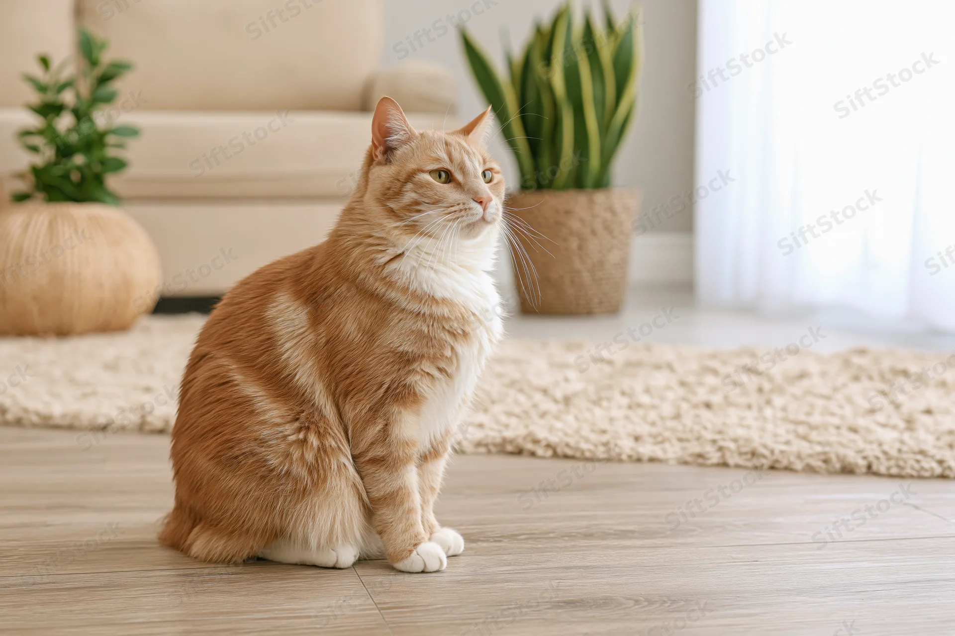 Orange tabby cat sitting upright on light wood floor in living room with plants and sofa