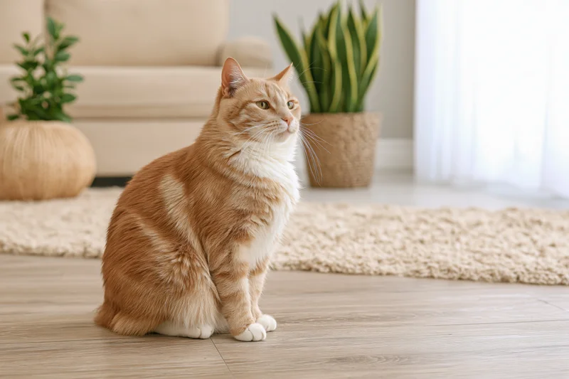 Orange tabby cat sitting upright on light wood floor in living room with plants and sofa