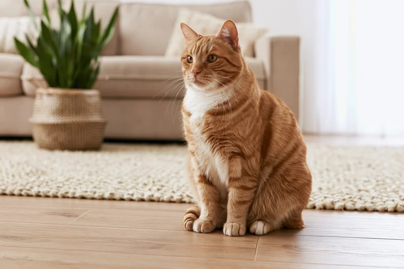 Orange tabby cat sitting upright on light wood floor in living room