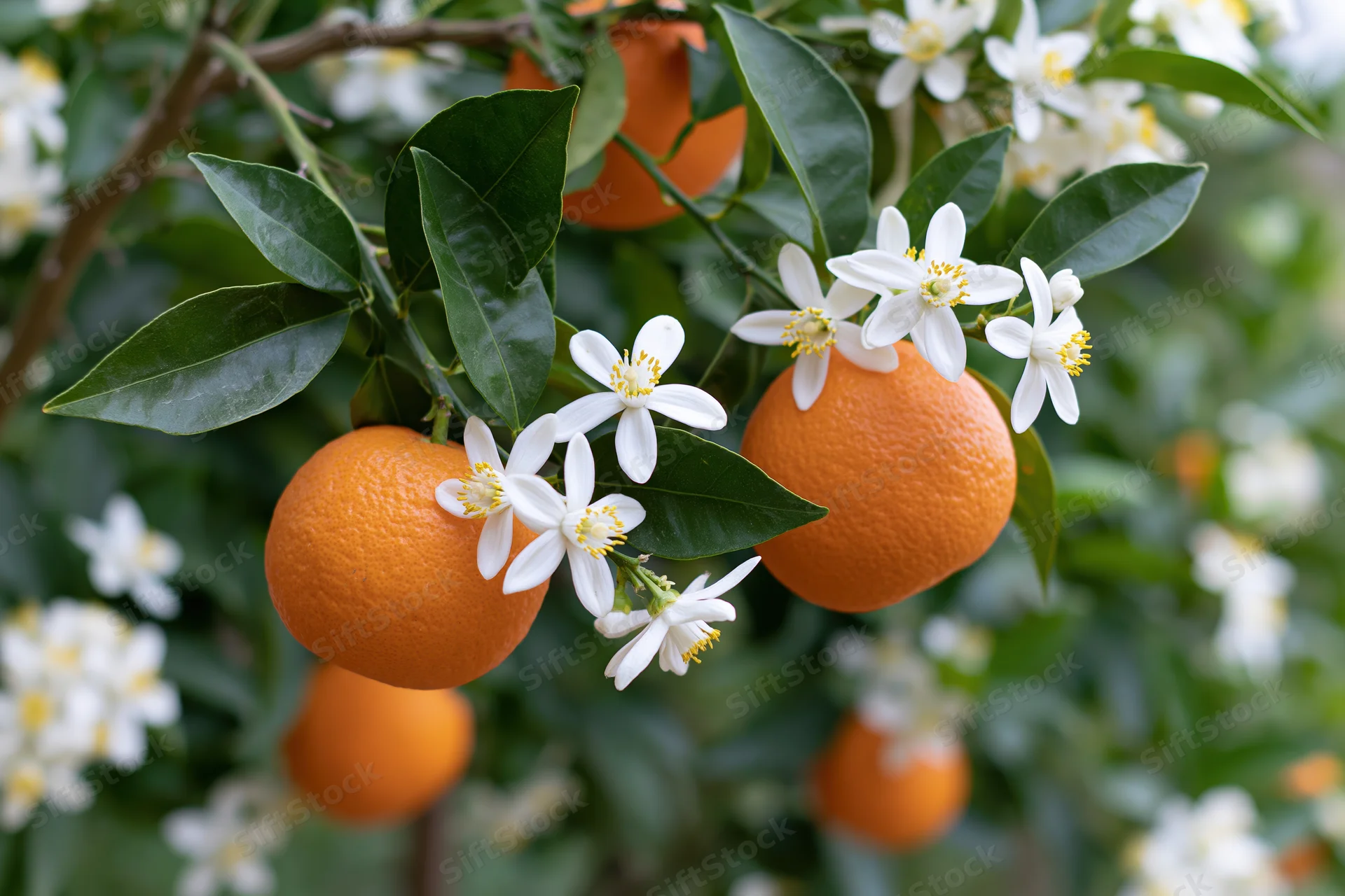 Ripe oranges and white blossoms on a citrus tree branch in an orchard