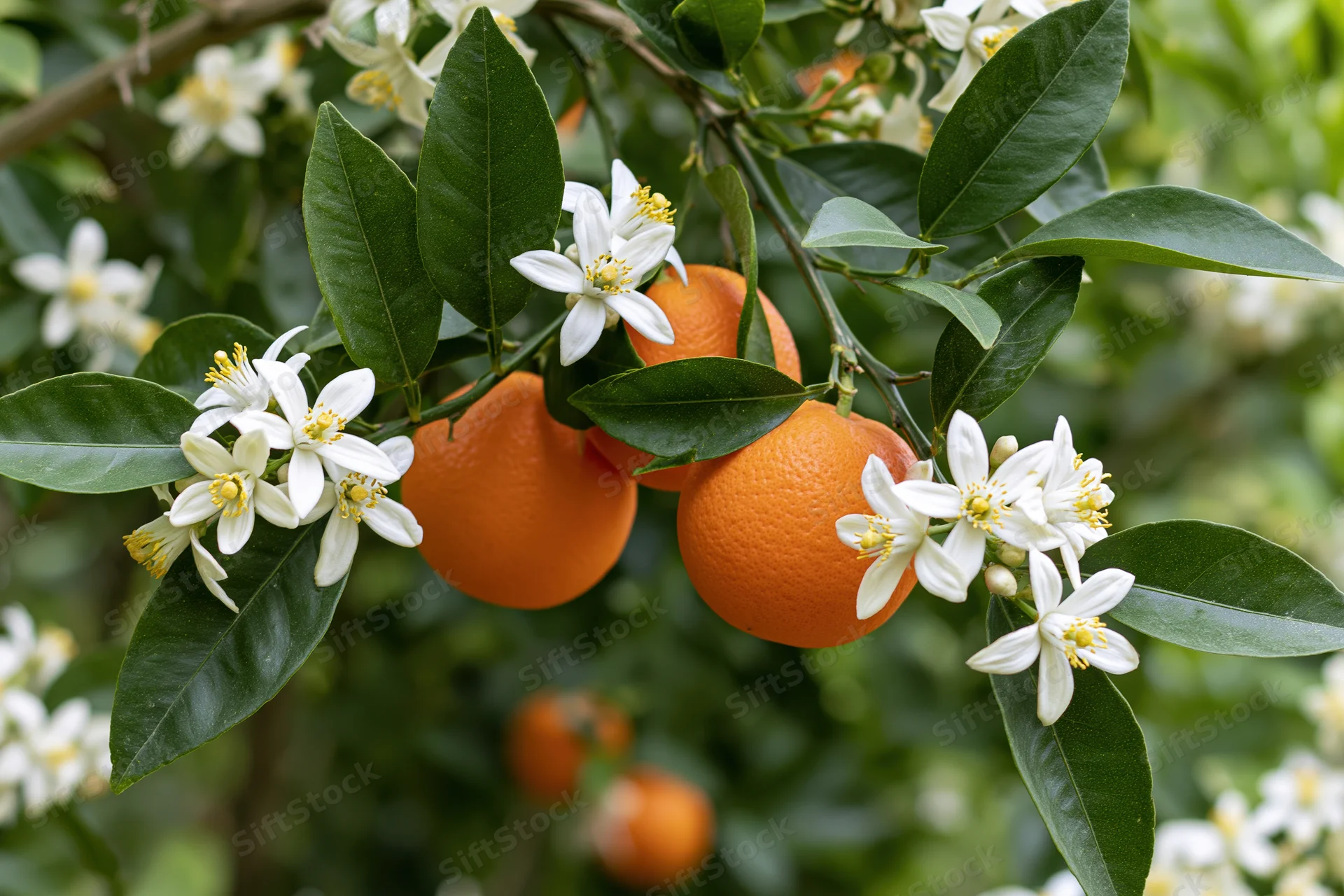 Orange tree branch with ripe oranges and white blossoms among green leaves